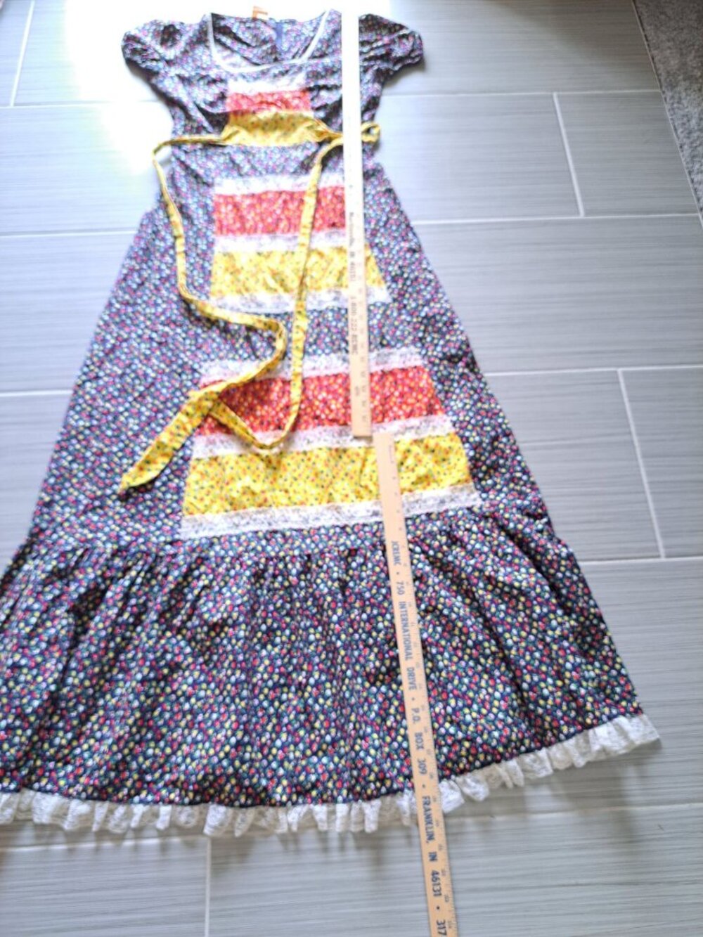 Vintage 70's Floral Patchwork Prairie Maxi Dress Lace Trim Multi-Color S Cotton - Picture 15 of 16
